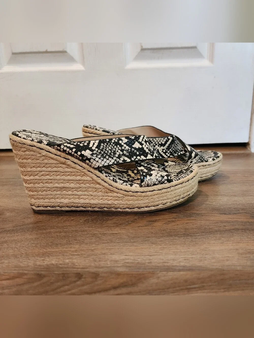 Women’s Black & White Snake-Print Espadrille Wedge Sandals